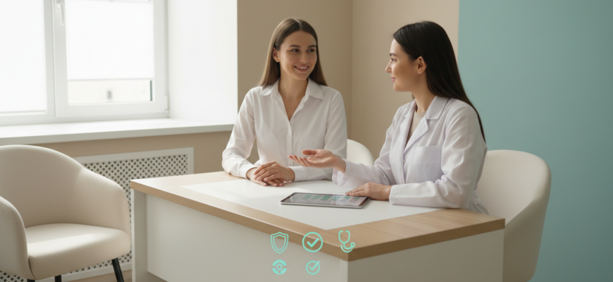 Гинеколог пен пациенттің клиникадағы кеңесі, жүктілік аптасы көрсетілген күнтізбе және қауіпсіздік белгілері