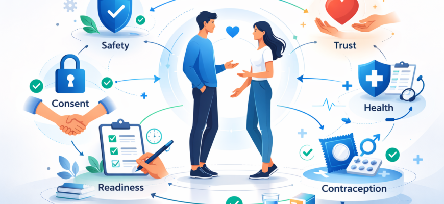 Жыныстық қатынас туралы қауіпсіздік, келісім және денсаулықты түсіндіретін медициналық инфографика