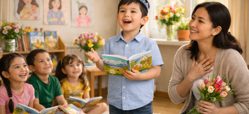 балалар ана туралы тақпақ айтып тұрған балабақша ертеңгілігі ана мерекесі