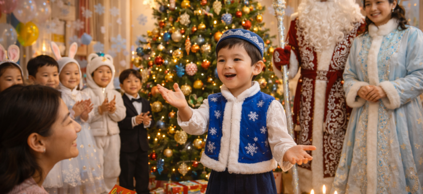балабақшадағы жаңа жыл ертеңгілігі, шырша жанында тақпақ айтып тұрған балалар, аяз ата мен ақшақар мерекесі