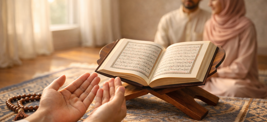 Махаббат пен өзара түсіністікке арналған дұғалар – Құран, тасбих және намаз жайнамазы жанында дұға етіп отырған мұсылман