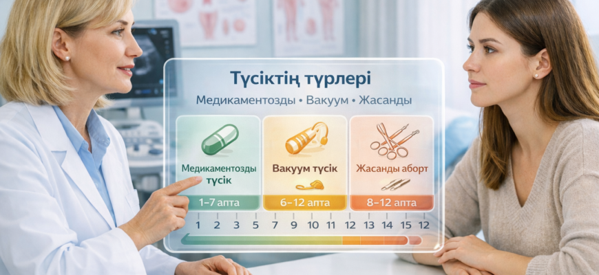 Түсіктің түрлері: медикаментозды түсік, вакуум түсік және жасанды аборт туралы медициналық инфографика