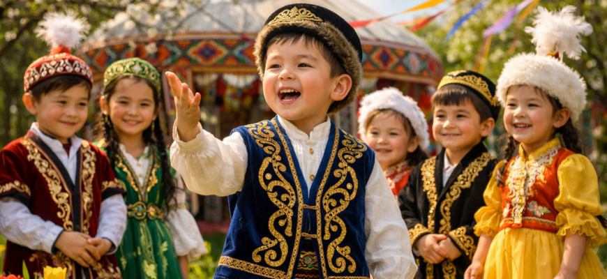 Наурыз мерекесінде тақпақ айтып тұрған қазақ балалары, көктем және ұлттық киім атмосферасы