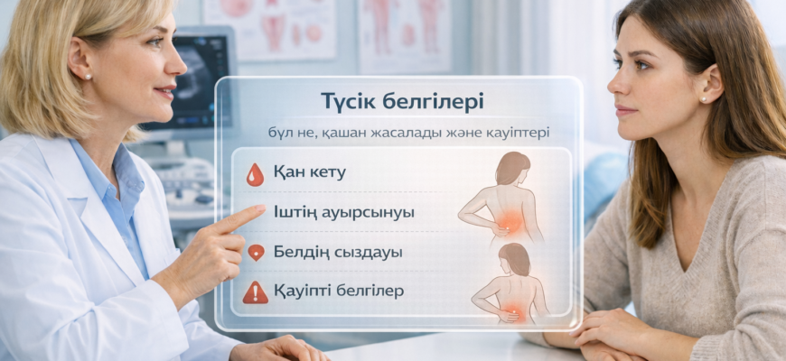 Түсік белгілері: ерте мерзімдегі қан кету, іштің төменгі жағының ауырсынуы және қауіпті симптомдар туралы медициналық инфографика