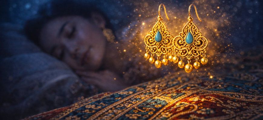 Түсінде алтын сырға көру символикасы — қазақы өрнекті алтын сырға, жұмсақ жарықтағы әшекей