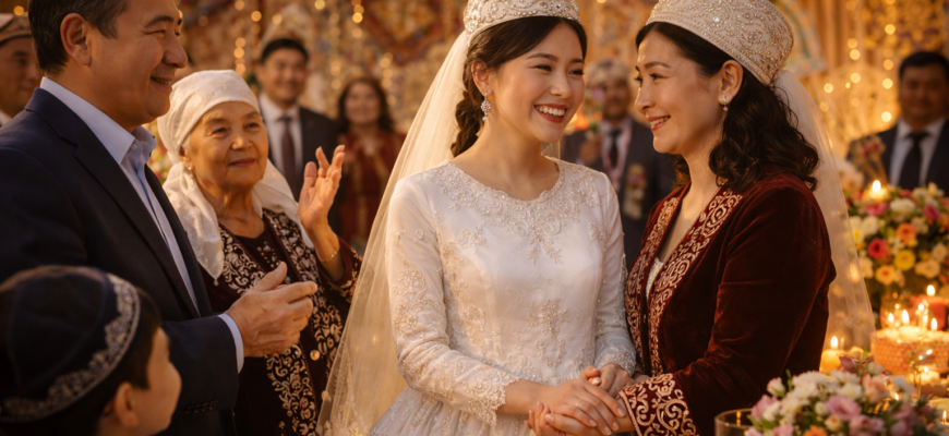 ұзату тойында қызға ақ тілек айтып жатқан ата-ана мен туыстар қазақ дәстүріндегі қыз ұзату рәсімі