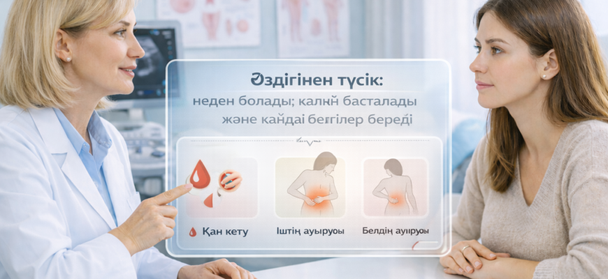 Өздігінен түсік белгілері: жүктілік кезінде қан кету, іштің төменгі жағының ауыруы және түсік қаупінің симптомдары
