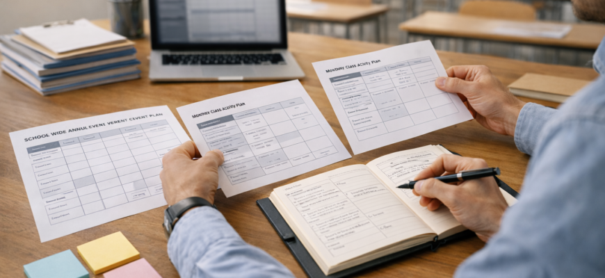 Мектепке, сыныпқа және мерекеге арналған іс-шаралар жоспарының дайын үлгілері мен шаблондары бар ұйымдастырылған жұмыс үстелі