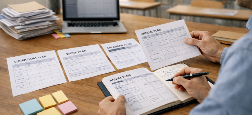 Оқу жоспары, жұмыс жоспары, күнтізбелік жоспар және жылдық жоспар үлгілерін салыстырып отырған мұғалімнің жұмыс үстелі