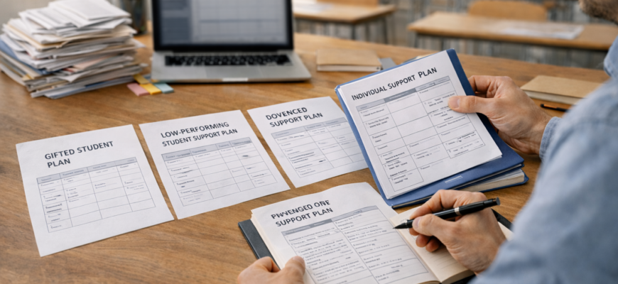 Мұғалім үстелде дарынды, үлгерімі төмен және жеке қолдауға арналған оқушылармен жұмыс жоспарларын салыстырып отыр